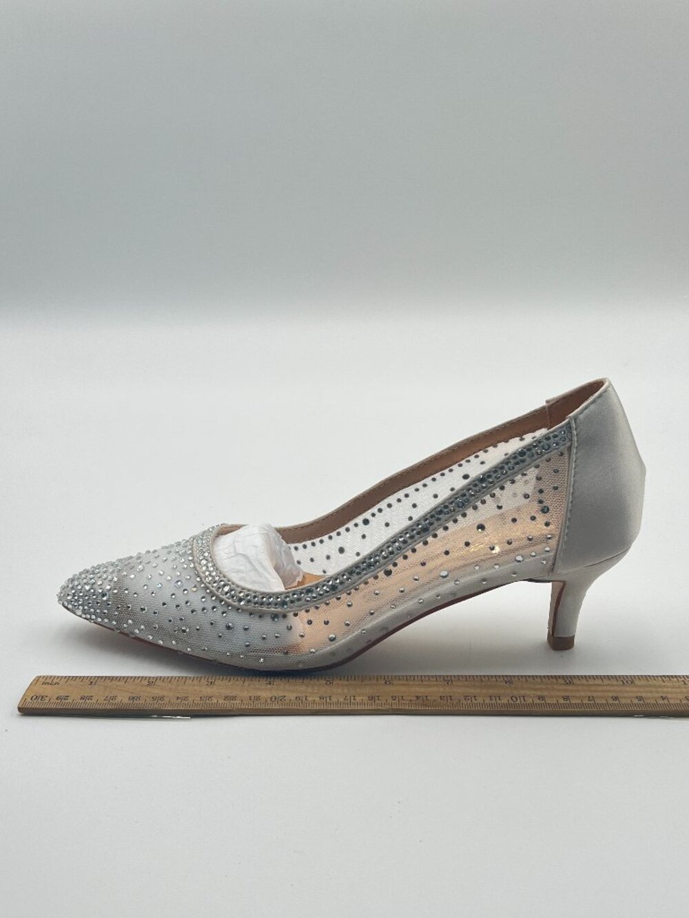 XYD White Pointed Toe Slip On Rhinestone Pumps Graceful Mesh Kitten Heels Shoes
